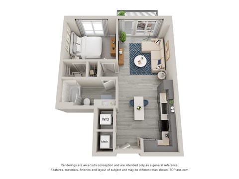 Floor plan for 1 bed, 1 bath, 662 sqft